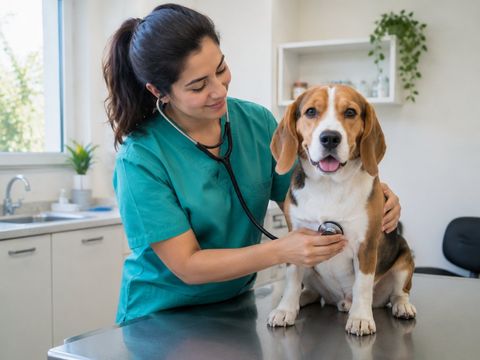 Veterinária auscultando um beagle sobre a mesa de atendimento
