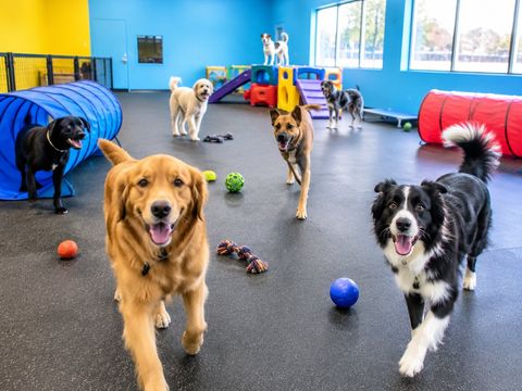 Vários cães brincando em um salão colorido de creche