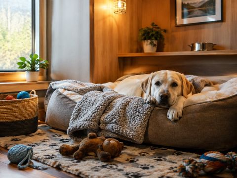 Labrador descansando em uma cama macia de hotel para cães